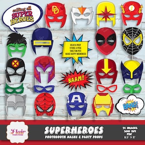 SUPERHEROES Photobooth Masks and Props, Comic Book Party, Digital Masks, Costume Party, Kids Birthday, Decorations