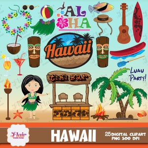 HAWAII Digital Clipart, Luau Party, Aloha, Hawaii Logo, Hula Girl, Grass Skirt, Coconut, Hawaiian, Cocktail, Ukelele, Invitations