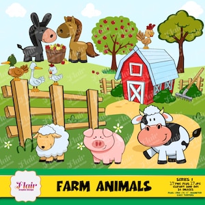 Clipart de animais de fazenda, curral, maçãs, macieiras, vaca, porco, ovelha, frango, galinha, galo, ganso, pato selvagem, cavalo, burro, ancinho