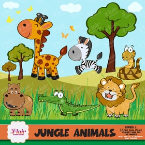 JUNGLE ANIMALS Clipart, Bébés animaux, Safari Clipart, Wildlife Clipart, Animaux de zoo, Lion, Zèbre, Serpent, Crocodile, Girafe, Hippopotame