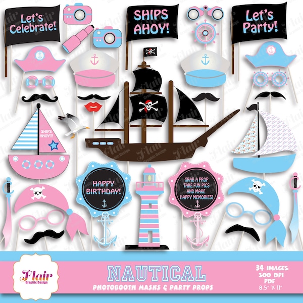 NAUTICAL Photo Booth Masks and Props in Pink and Light Blue, Pirate Birthday Props, Nautical Props, Baby Shower, Party Decor