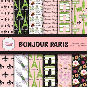 Papeles digitales Bonjour Paris en rosa, verde y negro, tema de París dibujado a mano, bicicleta, lavanda, Torre Eiffel, macarrones, flores, viajes