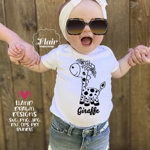 Mignon bébé girafe avec fleur Lineart SVG, PNG, DXF Bundle Digital Clipart, Jungle Animals Svg, Safari Animals Svg, Kids Shirt Design, Cricut