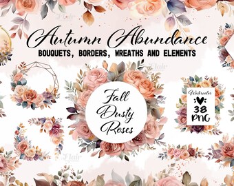 Acquerello autunno rose polverose PNG Clipart digitale, bordi floreali, corona PNG, rose da giardino, inviti di nozze, rosa vintage, fiori boho