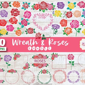 Krans en rozen bundel SVG, PNG digitale clipart, bruiloft bloemen SVG, bloemenrand, groen SVG, bloemen, decoratieve rand, bladeren SVG