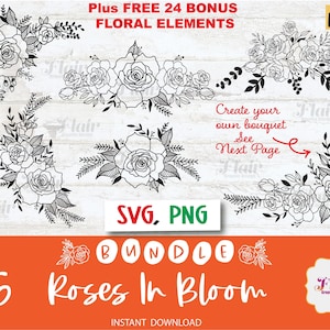 Pacote de rosas em flor SVG, clipart digital PNG, arranjo floral, borda floral, vegetação Svg, flores, borda decorativa, folhas verdes