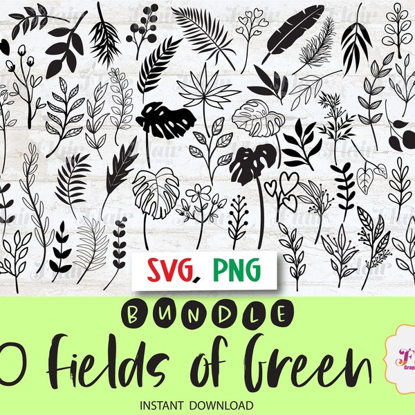Fields of Green SVG,PNG Bundle, Greenery Svg, Hand Drawn Line Art Svg, Plants, Leaves, Fern, Tropical Plants, Leaf Svg,Gardening, Silhouette
