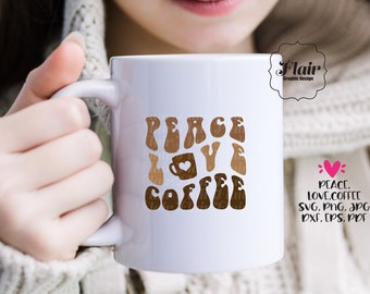 May include: White ceramic mug with the text "Peace Love Coffee" in brown letters. The letters are stylized to look like coffee beans.