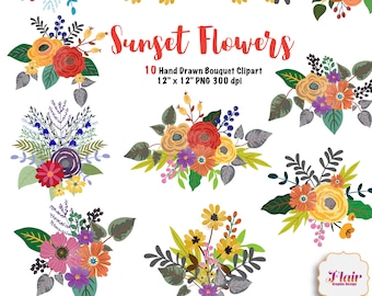 Clipart disegnati a mano di fiori al tramonto, motivi floreali, fiori vintage, fiori primaverili, colori autunnali, moderni, bouquet da sposa, fiori da sposa