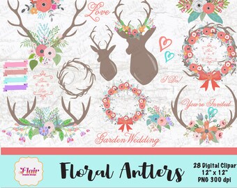 Floral Antlers Hand Drawn Flowers Digital Clipart, Deer, Garden Wedding, Bridal, Invitation, Pastels, Floral Theme, Forest, Wild Life