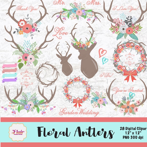 Floral Antlers Hand Drawn Flowers Digital Clipart, Deer, Garden Wedding, Bridal, Invitation, Pastels, Floral Theme, Forest, Wild Life