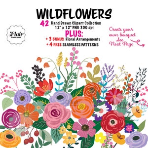 野生の花の手描きデジタルクリップアートコレクション、無料のシームレスパターン、フラワーアレンジメント、結婚式、春の花、ブーケ