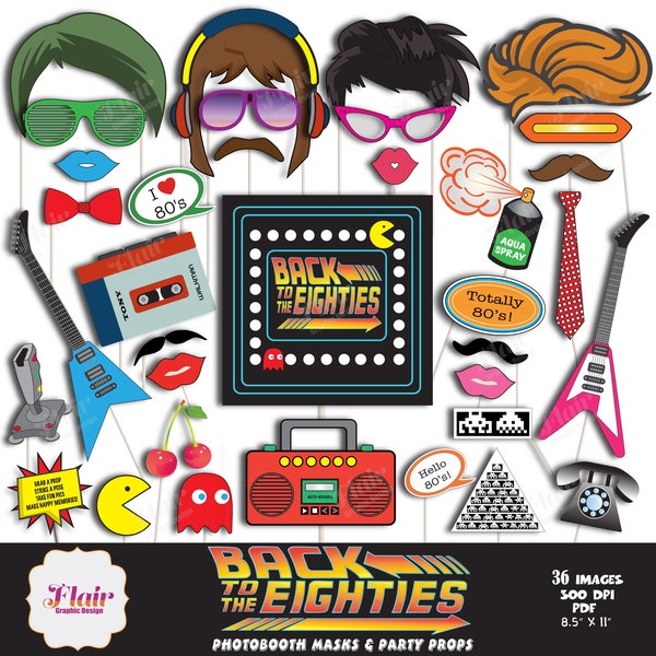 BACK to the  EIGHTEES Photo Booth Masks, 80's Party, 1980, 80's Birthday Party, 80s Party Printables, Photobooth, Instant Download
