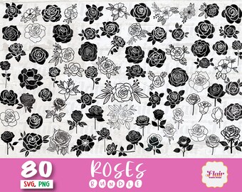 Pacchetto rose SVG, Clipart digitale PNG, Fiori matrimonio Svg, Bordo floreale, Verde Svg, Fiori, Inviti, File di taglio, Foglie Svg
