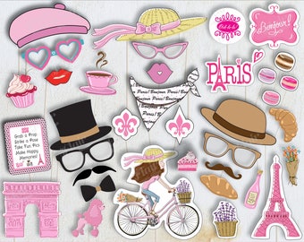 Puede incluir: Un conjunto de 36 accesorios de cabina de fotos imprimibles con temática parisina. Los accesorios incluyen una Torre Eiffel rosa, una bicicleta rosa, un caniche rosa, una boina rosa, una magdalena rosa, un croissant rosa, un bigote rosa, una pajarita rosa, unas gafas en forma de corazón rosas, unos labios rosas, una flor rosa, una pancarta rosa con el texto "¡París!" y una pancarta rosa con el texto "¡Bonjour!" Los accesorios son perfectos para una fiesta con temática parisina.