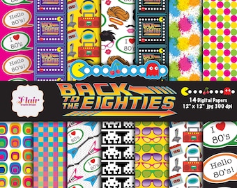 80's Digital Papers, 80's Party,  Memphis Patterns, Birthday Party, Funky Papers, 80's Photobooth, Pacman, Cassette,  Teacher's Supplie