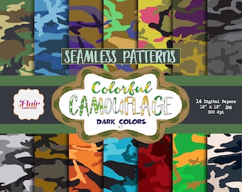 Colorful Camouflage Seamless Patterns in Dark Colors, Army Papers, Rainbow, Camouflage Patterns, Military Pattern, Rainbow, Fabric Pattern