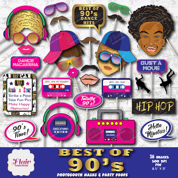 Best of 90’s Photo Booth Masks and Props, Ninetees Party Party Props, Party Decorations, Instant Download