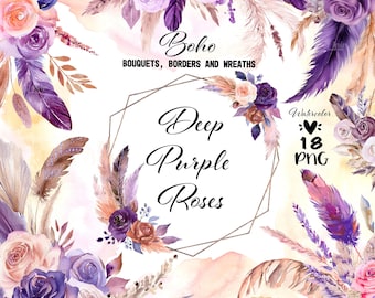 Acquerello Boho Deep Purple Rose PNG Clipart digitale, fiori autunnali, rose da giardino, bordi floreali, ghirlanda, fiori autunnali, fiori da matrimonio