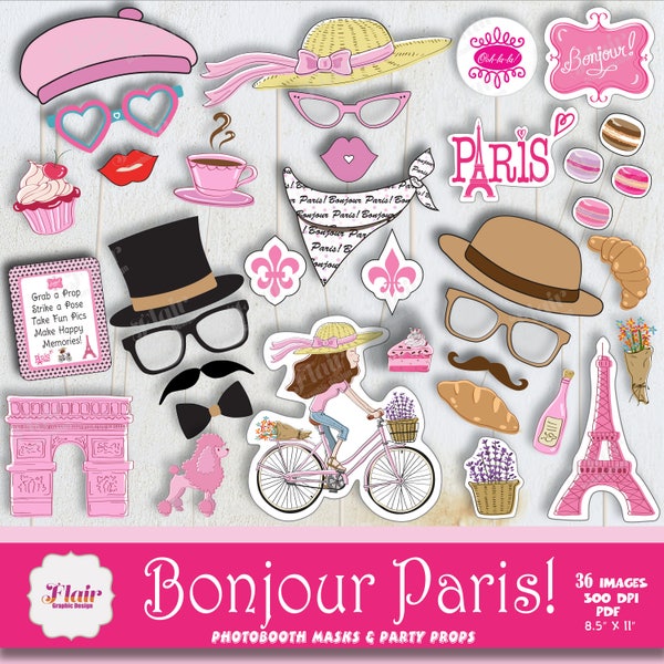 BONJOUR PARIS Party Photo booth Masks and Props, Parisian Theme Party, Wedding Photo booth, Birthday Printable, Instant Download