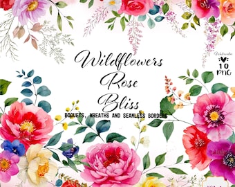 Acquerello Fiori di campo Rose Bliss PNG, Bouquet Clipart floreale, Bouquet di rose rosse, Rose da matrimonio, Rose da giardino, Bordi senza soluzione di continuità, Fiore Png