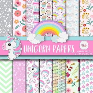 Papeles digitales de unicornio, fiesta de cumpleaños de unicornio, fiesta de caballos, cumpleaños mágico, papeles de libro de chatarra, descarga instantánea