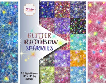 Glitter and Rainbow Sparkles Digital Paper, Christmas, Holidays, Rainbow Colors, Scrapbooking, Backgrounds, Craft Supplies, Invitations