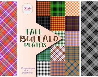 Fall Buffalo Plaids Digital Paper, Autumn Colors, Halloween, Holidays, Gingham, Scrapbooking, Scottish Tartan, Farm, School Supplies