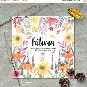 Pu&ograve; includere: Clipart ad acquerello con 38 illustrazioni a tema autunnale. Il clipart include foglie, fiori e rami in tonalit&agrave; di giallo, arancione, rosa e viola. Il testo "Fatima" e "Clipart ad acquerello dipinto a mano 38 preferiti autunnali" &egrave; incluso nell'immagine.
