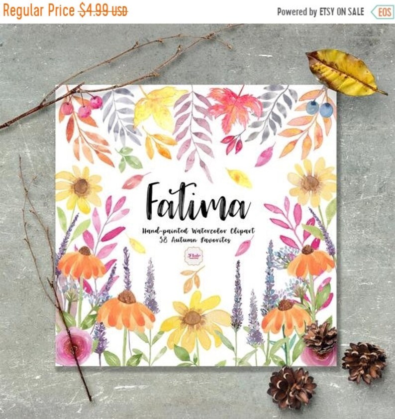 Pu&ograve; includere: Clipart ad acquerello con 38 illustrazioni a tema autunnale. Il clipart include foglie, fiori e rami in tonalit&agrave; di giallo, arancione, rosa e viola. Il testo "Fatima" e "Clipart ad acquerello dipinto a mano 38 preferiti autunnali" &egrave; incluso nell'immagine.