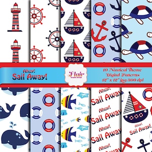 Sail Away digitales Papier, Boot, Kreuzfahrtpapiere, Wale, Nautischer Junge, Leuchtturm, Geburtstagskind, Segeln, Einladungen, Lehrerbedarf