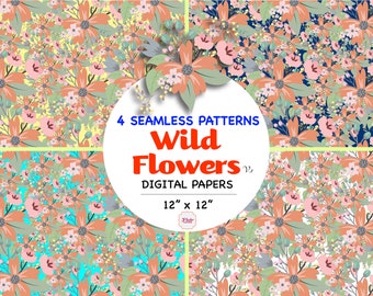 Hand Drawn Wild Flowers Seamless Patterns V1, Floral Patterns, Spring Flowers, Wild Flowers, Antique Blooms, Invitation, Wedding, Trendy