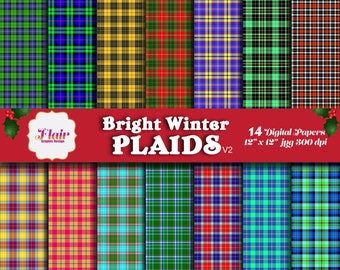 BRIGHT WINTER PLAAIDS Carta digitale, Colori invernali, Plaid natalizio, Tartan scozzese, Preppy, Scacchi, Texture scozzese, Confezione regalo