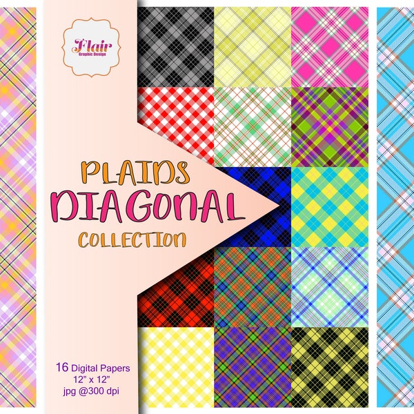 Diagonal Plaids Digital Paper, Spring Colors, Colorful Design,  Preppy, Halloween, Holidays, Gingham, Scrapbooking, Teachers School Supplies