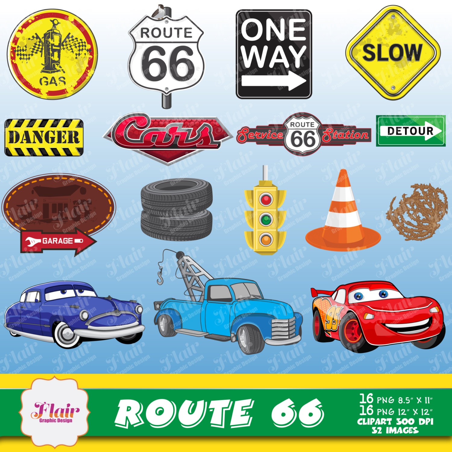 ROUTE 66 Digital Clipart Cars Birthday Lightning Mcqueen - Etsy