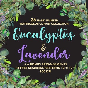Lavanda ed eucalipto dipinto a mano acquerello foglie e verdi Clipart, ghirlanda, modelli senza soluzione di continuità, invito a nozze, sposa, natura