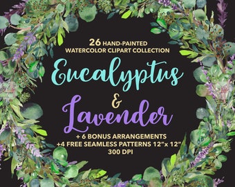 Lavender and Eucalyptus Hand Painted Watercolor Leaves and Greens Clipart, Wreath, Seamless Patterns, Wedding Invitation, Bridal, Nature
