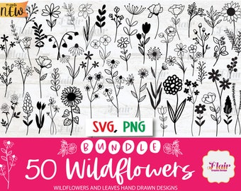 Fiori di campo e foglie SVG, pacchetto PNG, verde in formato SVG, floreale in formato SVG, linea arte disegnata a mano, botanico in formato SVG, bouquet, bordo floreale, uso commerciale