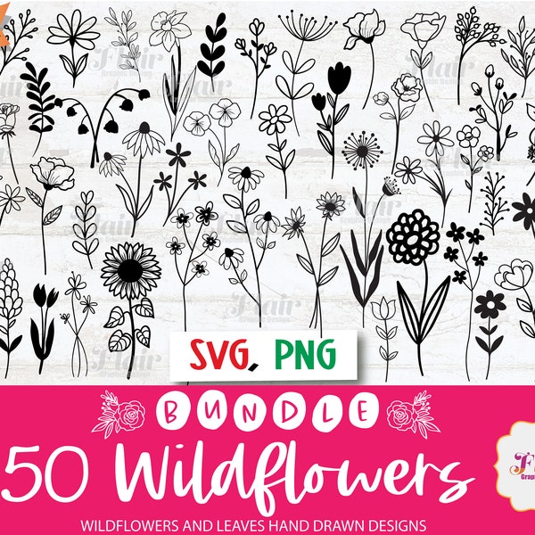 Wildflowers and Leaves SVG,PNG Bundle, Greenery svg, Floral SVG, Hand Drawn Line Art, Botanical svg, Bouquet, Floral Border, Commercial Use
