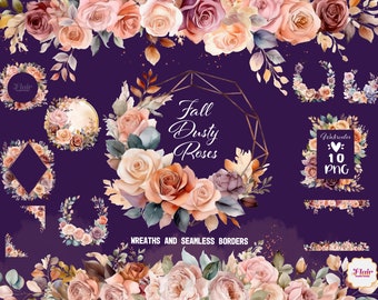 Ghirlande di acquerelli, rose polverose autunnali, PNG, clipart digitali, bordi senza soluzione di continuità, ghirlande, rose da giardino, inviti di nozze, rosa vintage, boho