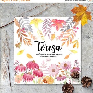 May include: A digital illustration of watercolor clipart featuring 38 autumn-themed images. The clipart includes leaves, flowers, and pumpkins in shades of red, orange, yellow, pink, and purple. The text "Teresa Hand-painted Watercolor Clipart 38 Autumn favorites" is included in the image.