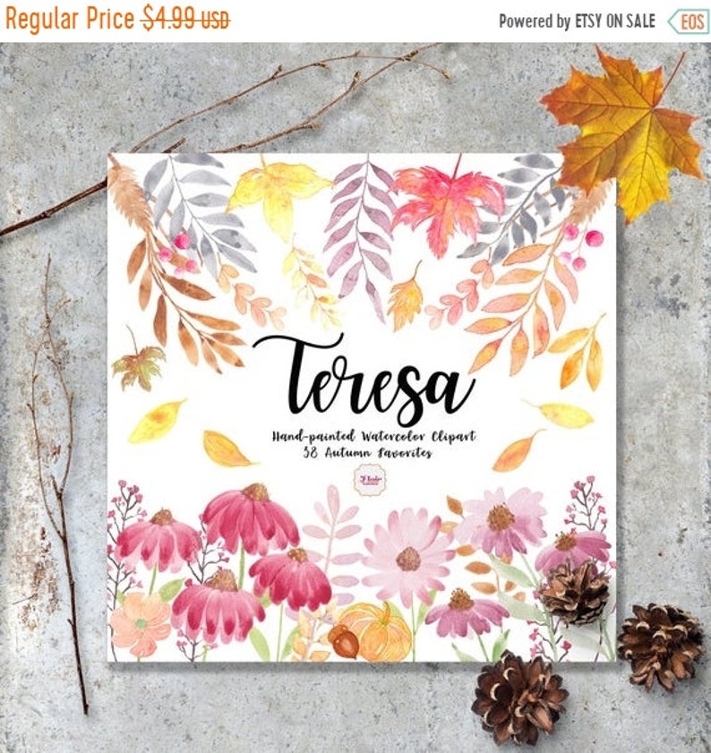 May include: A digital illustration of watercolor clipart featuring 38 autumn-themed images. The clipart includes leaves, flowers, and pumpkins in shades of red, orange, yellow, pink, and purple. The text "Teresa Hand-painted Watercolor Clipart 38 Autumn favorites" is included in the image.
