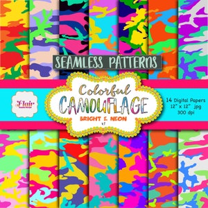 Kleurrijke camouflage naadloze patronen in heldere en neonkleuren, legerpapieren, regenboog, leuk, militair patroon, regenboog, stof, speels