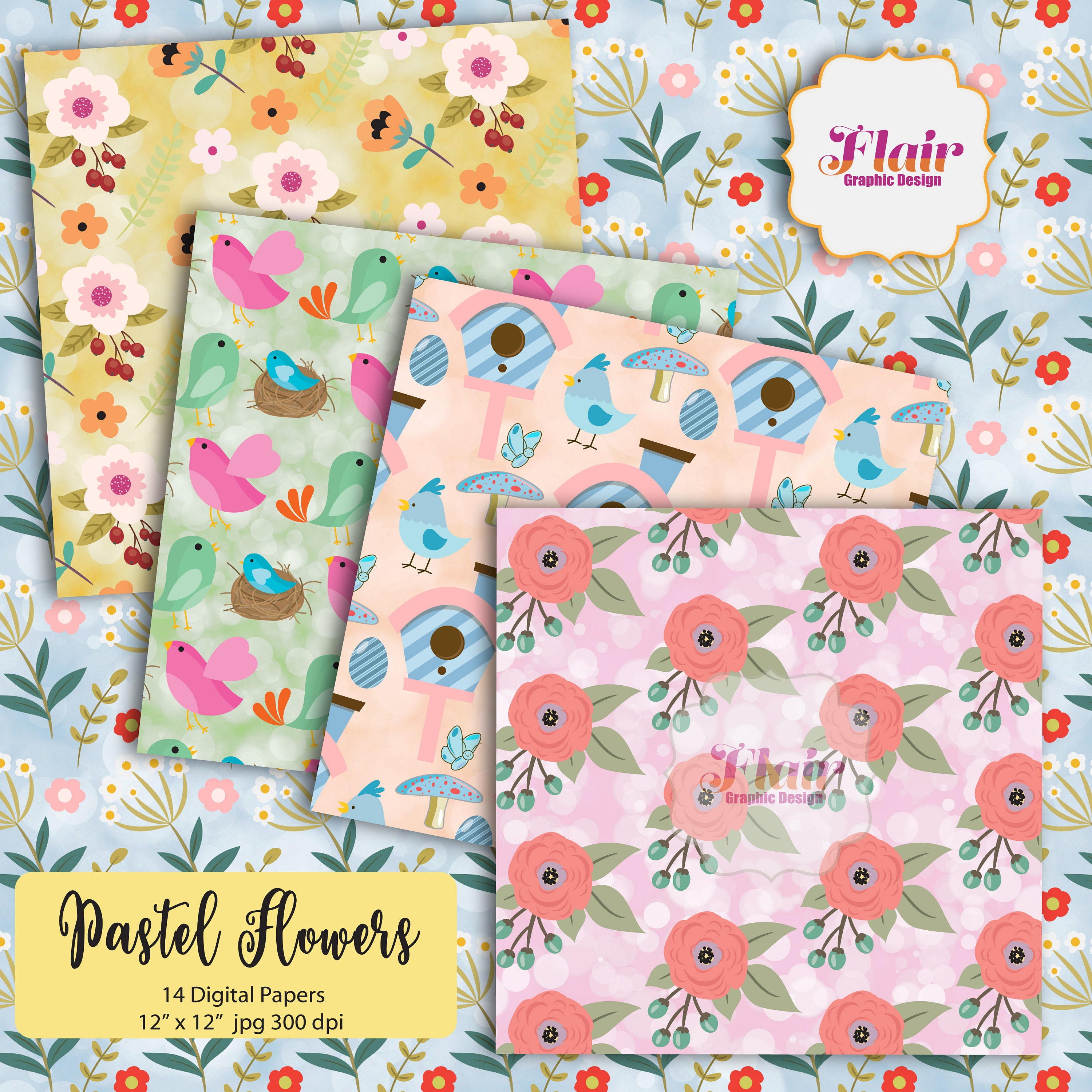 PASTEL FLOWERS Digital Papers Spring Flowers Pastel Colered Etsy