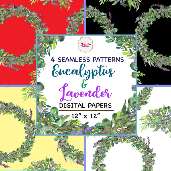 Lavender and Eucalyptus Hand Painted Watercolor Seamless Patterns, Wreath, Green Leaves, Foliage, Greenery, Wedding, Bridal, Forest Greens