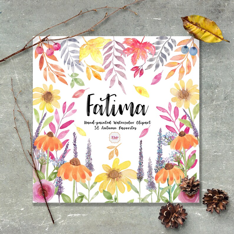 Pu&ograve; includere: Un set di clipart ad acquerello con 38 illustrazioni a tema autunnale. Il set include foglie, fiori e rami in tonalit&agrave; di giallo, arancione, rosa e viola. Il testo "Fatima Hand-painted Watercolor Clipart 38 Autumn Favorites" &egrave; visualizzato al centro dell'immagine.