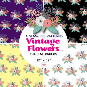 Handgezeichnete Vintage Blumen Nahtlose Muster V1, Blumenmuster, Frühlingsblumen, Wildblumen, Antike Blüten, Einladung, Hochzeit, Trendy