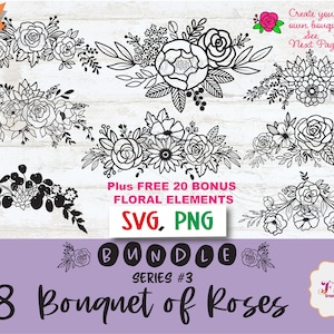 Bouquet di rose bundle serie 3 SVG, clipart digitale PNG, composizione floreale in formato Svg, bordo floreale, verde in formato Svg, fiori, bordo decorativo