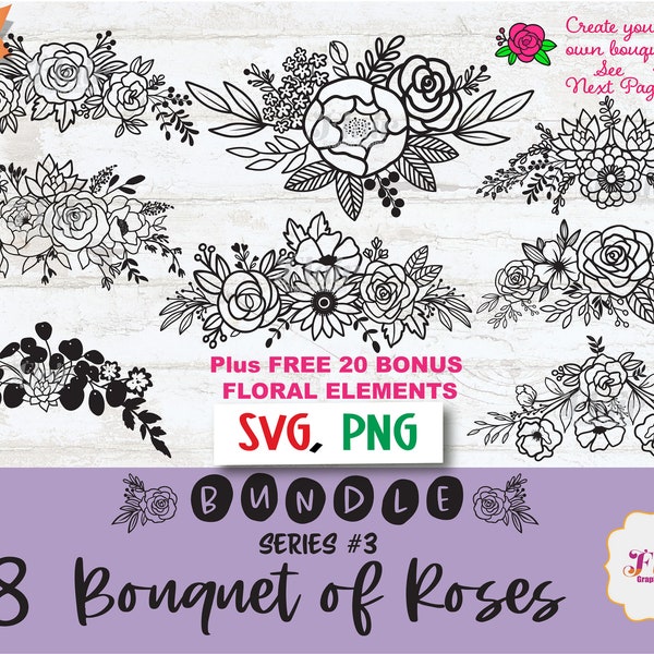 Bouquet of Roses Bundle Series 3 SVG, PNG Digital Clipart, Floral Arrangement Svg, Floral Border, Greenery Svg, Flowers, Decorative Border