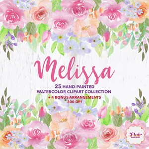 Melissa Floral Drop Acquerello Fiori Clipart, Rose pesca, Rose rosa, Bouquet floreale, Invito a nozze, Bouquet di rose, Clipart floreale